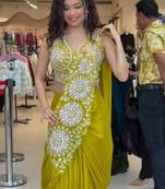 yellow embroidery sequin chinon silk ready to wear saree