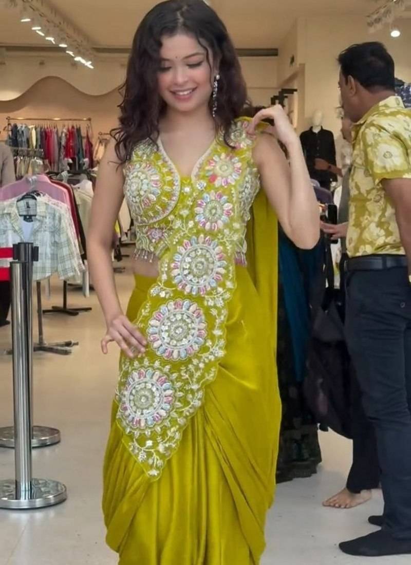 yellow embroidery sequin chinon silk ready to wear saree