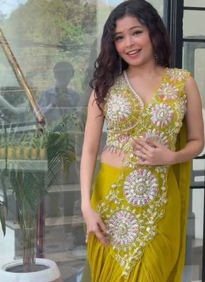 yellow embroidery sequin chinon silk pre-stitched saree 2