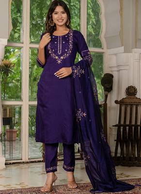 Violet marina silk straight kurti pant dupatta set 1