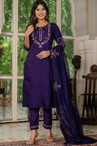 Violet marina silk straight kurti pant dupatta set