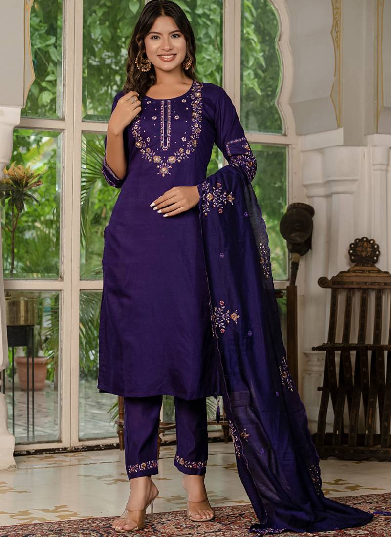 Violet marina silk straight kurti pant dupatta set