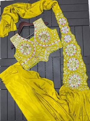yellow embroidery sequin chinon silk pre-stitched saree 4