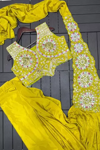 yellow embroidery sequin chinon silk pre-stitched saree