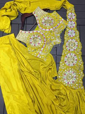 yellow embroidery sequin chinon silk pre-stitched saree 5