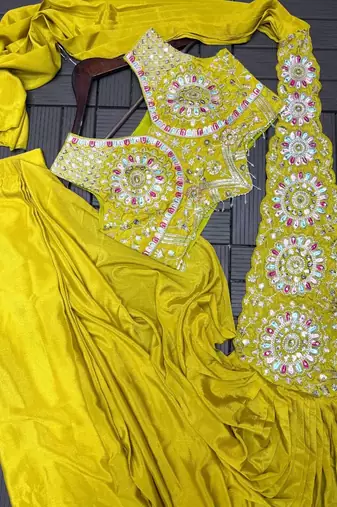 yellow embroidery sequin chinon silk pre-stitched saree