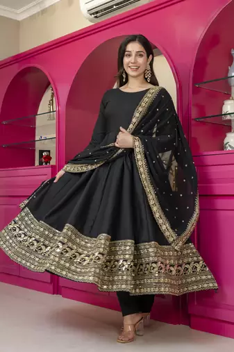 Black rayon party wear embroidery suit set