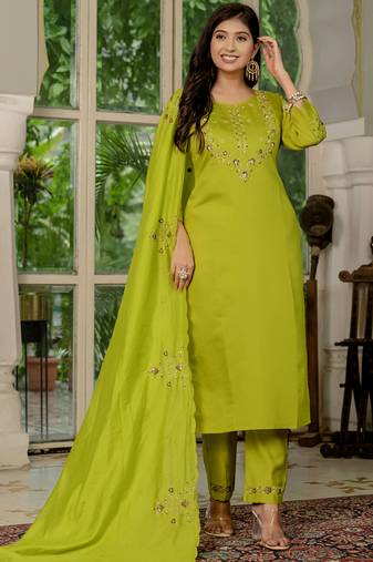 Parrot green marina silk straight kurti pant dupatta set