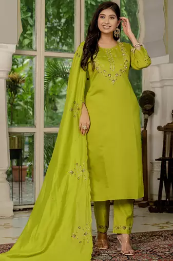 Parrot green marina silk straight kurti pant dupatta set