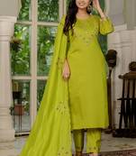 Parrot green marina silk straight kurti pant dupatta set