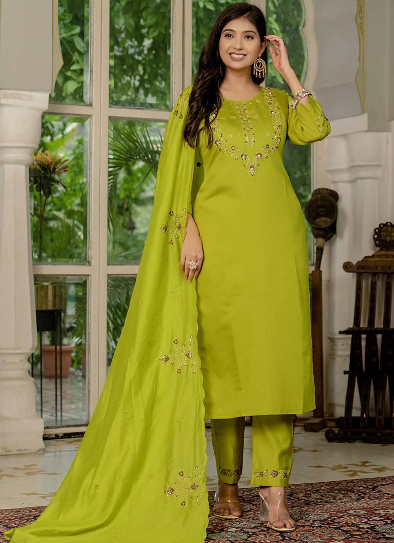 Parrot green marina silk straight kurti pant dupatta set