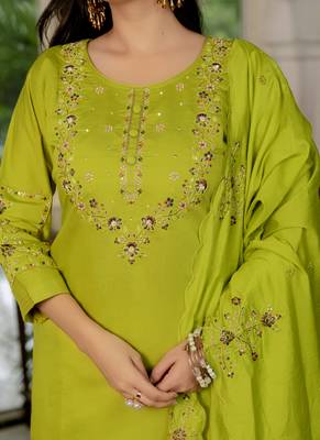 Parrot green marina silk straight kurti pant dupatta set 2