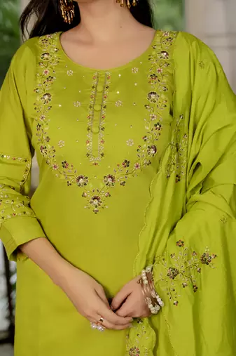 Parrot green marina silk straight kurti pant dupatta set