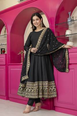 Black rayon party wear embroidery suit set 4