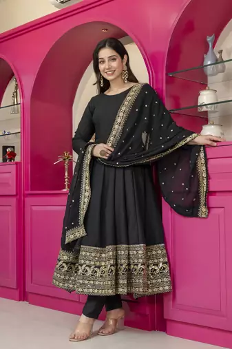 Black rayon party wear embroidery suit set