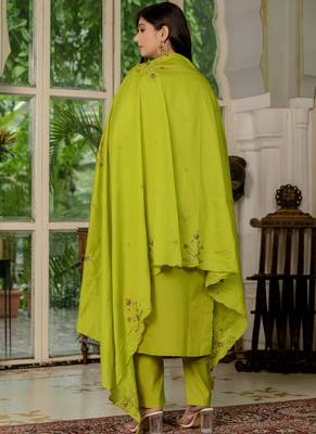 Parrot green marina silk straight kurti pant dupatta set 3