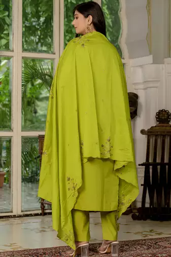 Parrot green marina silk straight kurti pant dupatta set