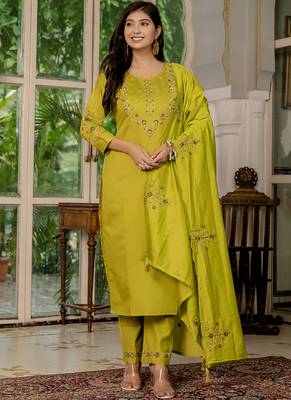 Mustard marina silk straight kurti pant dupatta set 1