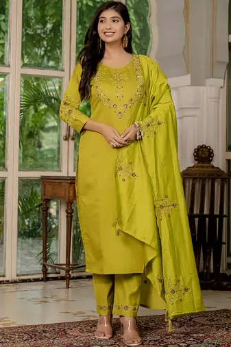 Mustard marina silk straight kurti pant dupatta set