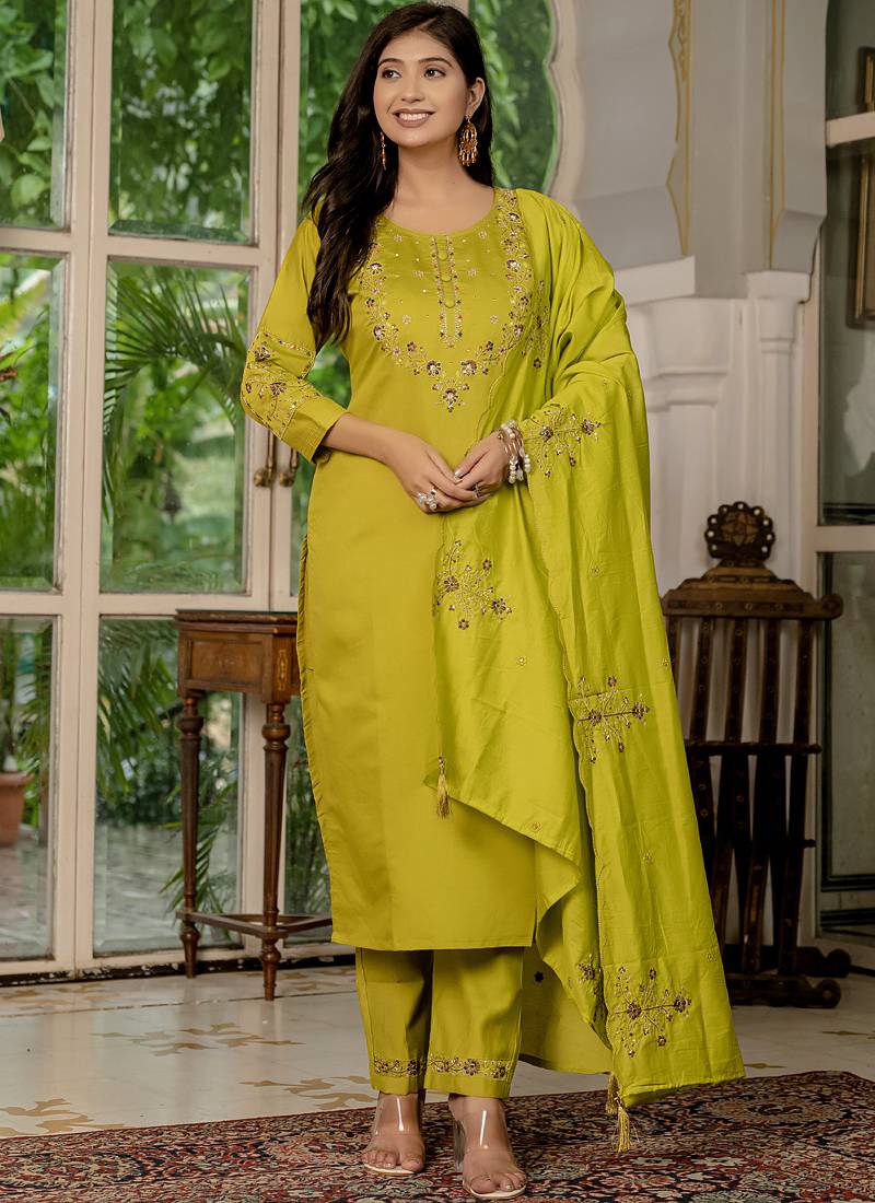 Mustard marina silk straight kurti pant dupatta set