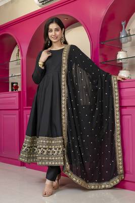 Black rayon party wear embroidery suit set 5