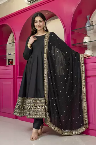Black rayon party wear embroidery suit set