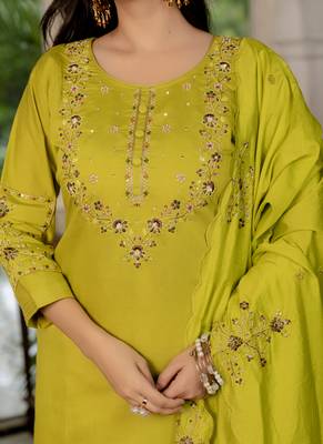 Mustard marina silk straight kurti pant dupatta set 2