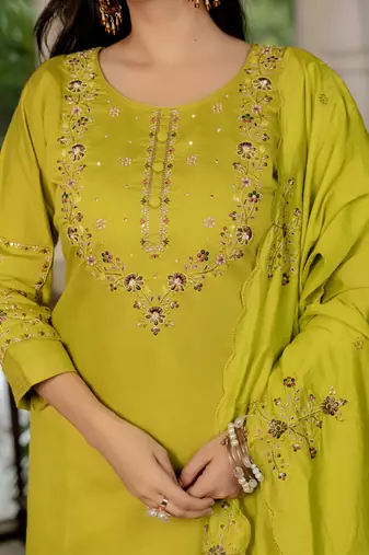 Mustard marina silk straight kurti pant dupatta set