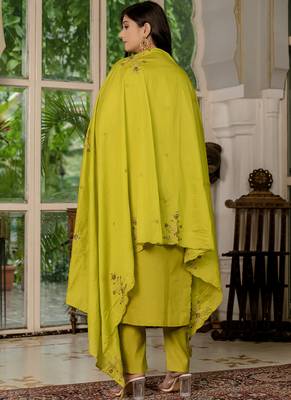 Mustard marina silk straight kurti pant dupatta set 3