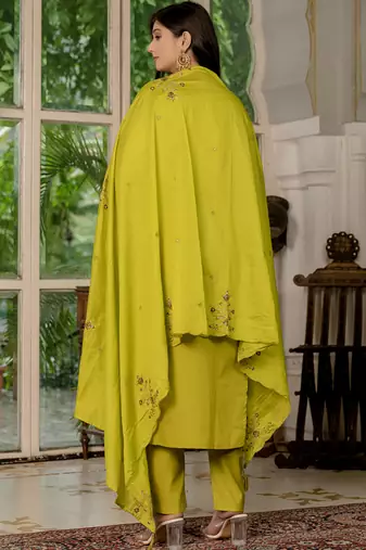 Mustard marina silk straight kurti pant dupatta set