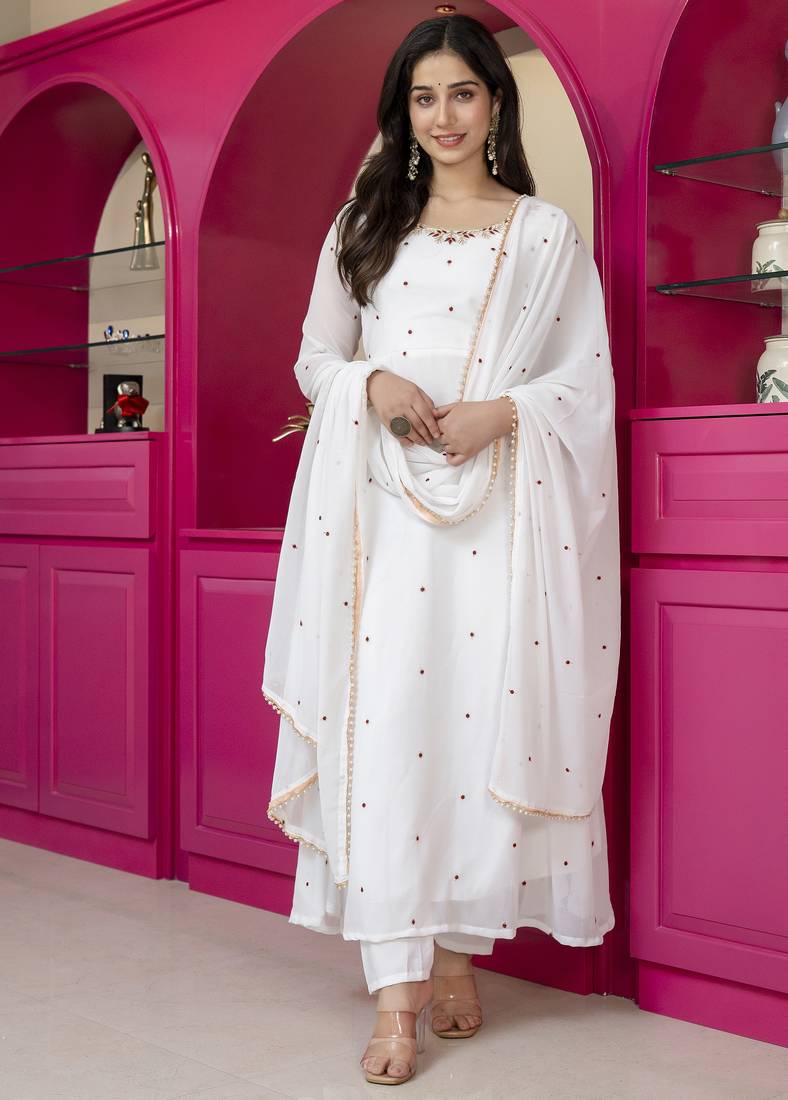 White georgette party weae embroidery suit set