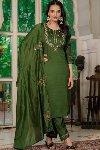 Mahendi green marina silk straight kurti pant dupatta set