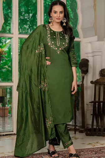 Mahendi green marina silk straight kurti pant dupatta set