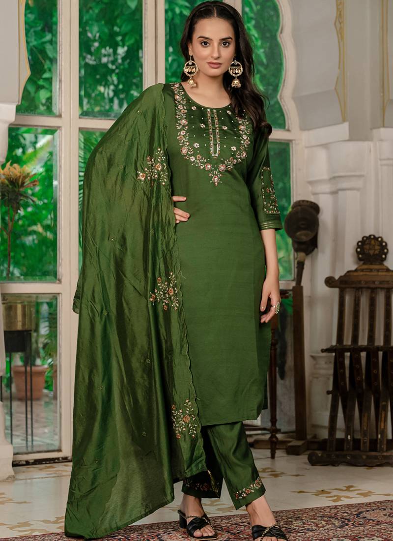 Mahendi green marina silk straight kurti pant dupatta set