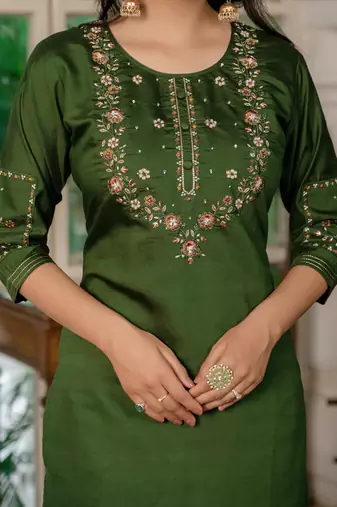 Mahendi green marina silk straight kurti pant dupatta set