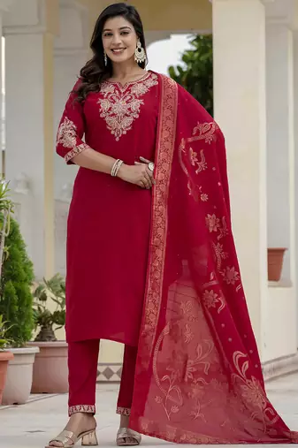 Maroon premium roman silk straight kurti pant dupatta set