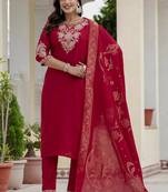 Maroon premium roman silk straight kurti pant dupatta set