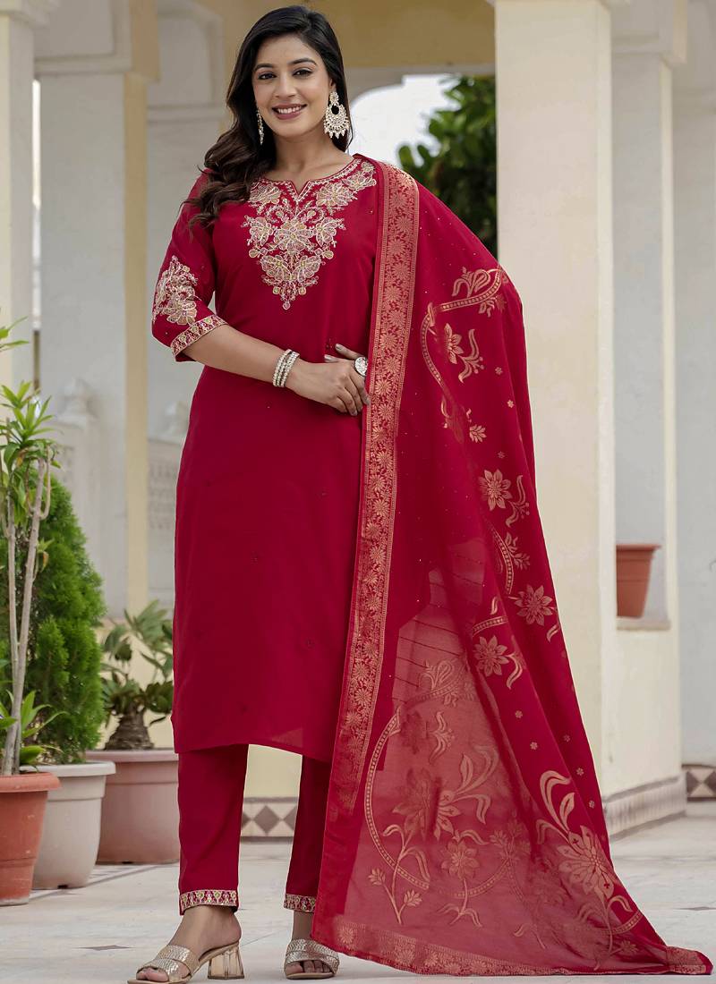 Maroon premium roman silk straight kurti pant dupatta set