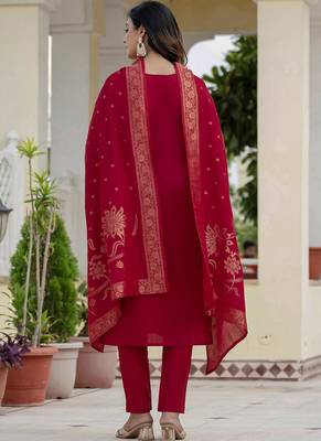 Maroon premium roman silk straight kurti pant dupatta set 2