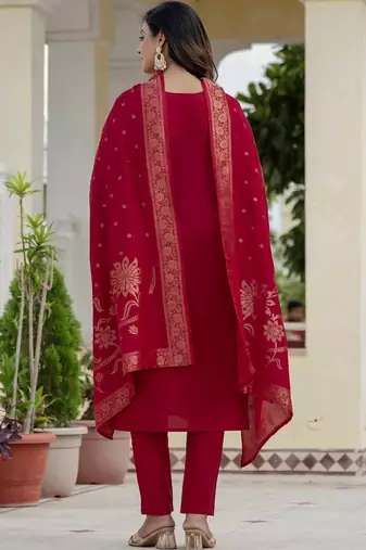 Maroon premium roman silk straight kurti pant dupatta set