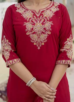 Maroon premium roman silk straight kurti pant dupatta set 3