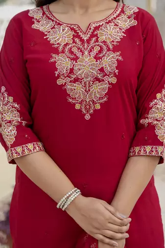 Maroon premium roman silk straight kurti pant dupatta set