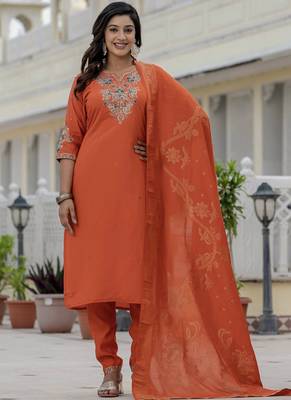 Orange premium roman silk straight kurti pant dupatta set 1
