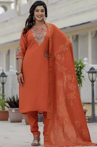 Orange premium roman silk straight kurti pant dupatta set