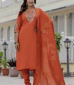 Orange premium roman silk straight kurti pant dupatta set