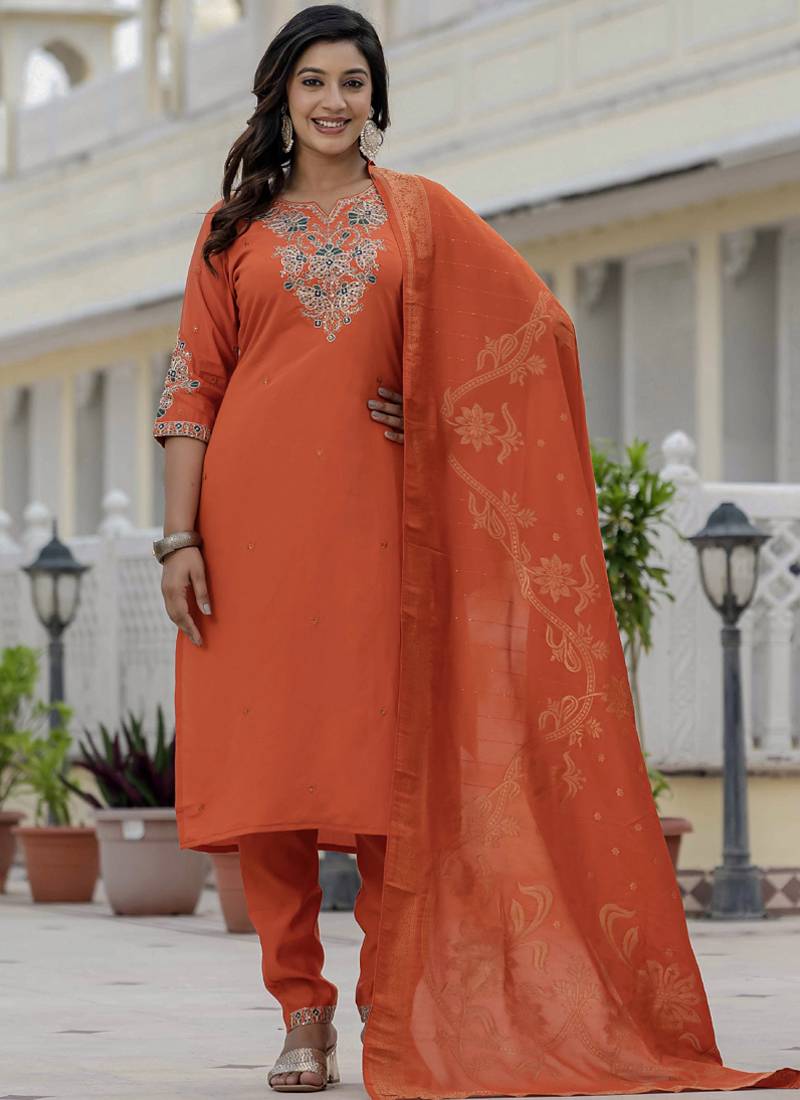 Orange premium roman silk straight kurti pant dupatta set