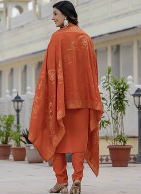 Orange premium roman silk straight kurti pant dupatta set 2