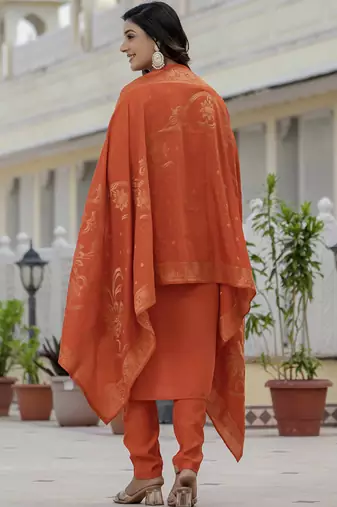 Orange premium roman silk straight kurti pant dupatta set