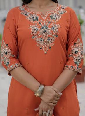 Orange premium roman silk straight kurti pant dupatta set 3