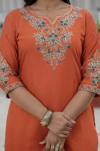 Orange premium roman silk straight kurti pant dupatta set